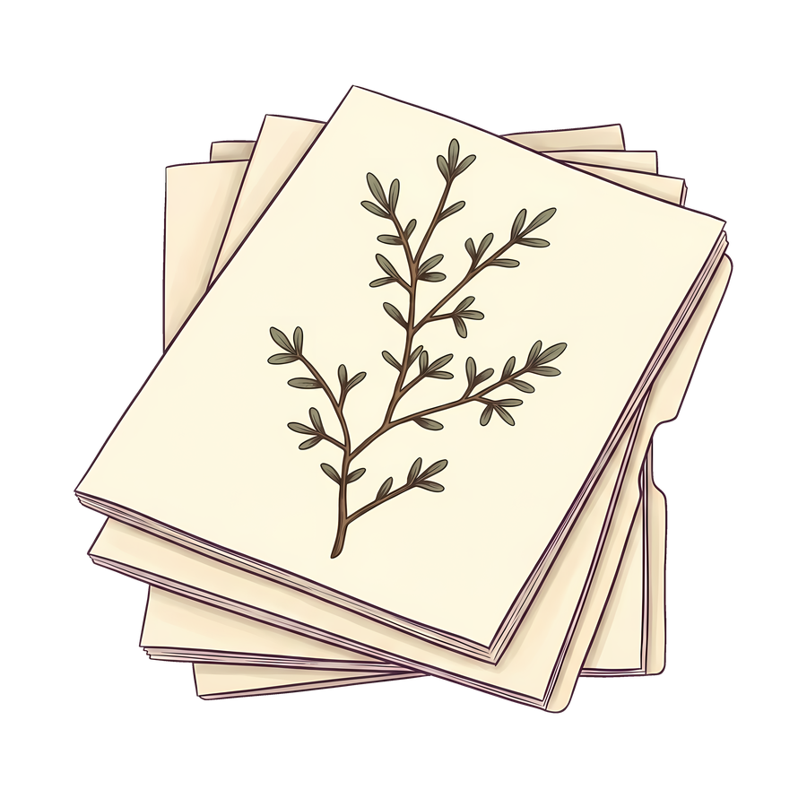 Cleanup icon — tidy stack of papers with a thyme sprig